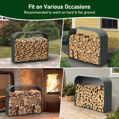 A ANLEOLIFE 6-Set Galvanized Steel Firewood Storage Rack with Weatherproof Corrugated Roof, Heavy Duty Outdoor Log Holder for Patio Porch Fire Pit, Trio, Gray