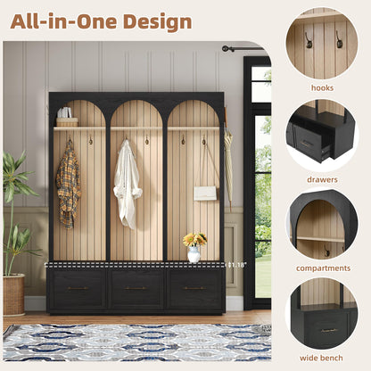 Ball & Cast Farmhouse Hall Tree with Bench, 59" Entryway Storage Bench with Arched Design, 8 Metal Hooks, 3 Drawers Shoe Organizer, Wooden Style Coat Rack for Living Room, Black