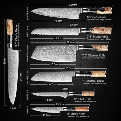 SENKEN 7-Piece Damascus Kitchen Knife Set - Tsunami Collection - 67-Layer Japanese VG10 Steel - Chef's Knife, Cleaver, Santoku, Bread, Boning, & More (Black Resin Blend)