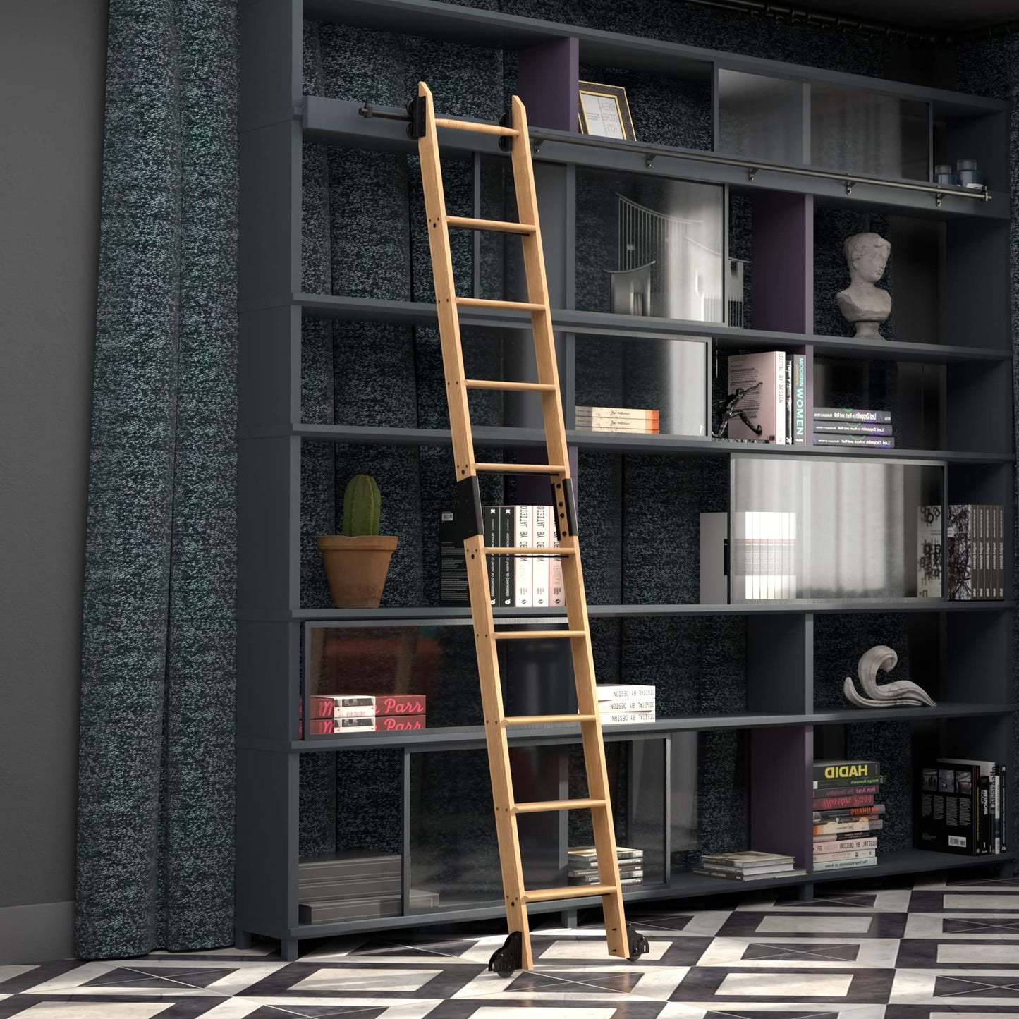 Quite Guide Library Ladder Kit Wooden Ladder 8 Foot 9 Foot 10 Foot Red Oak Unassembled (9 Foot)