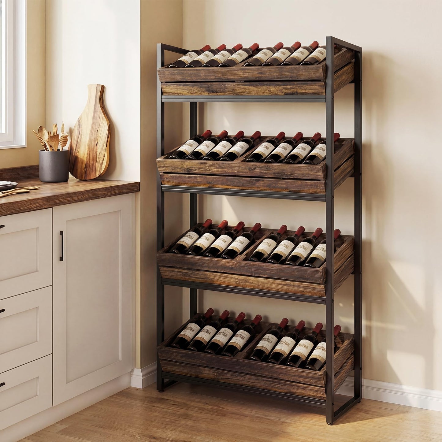 LITTLE TREE 4-Tier Extra Long Stand Basket Rack for Fruit and Vegetable Storage, MDF Retail Display Rack with Metal Frame, Snack Shelf, for Kitchen, Living Room, Supermarket (Brown + Black)