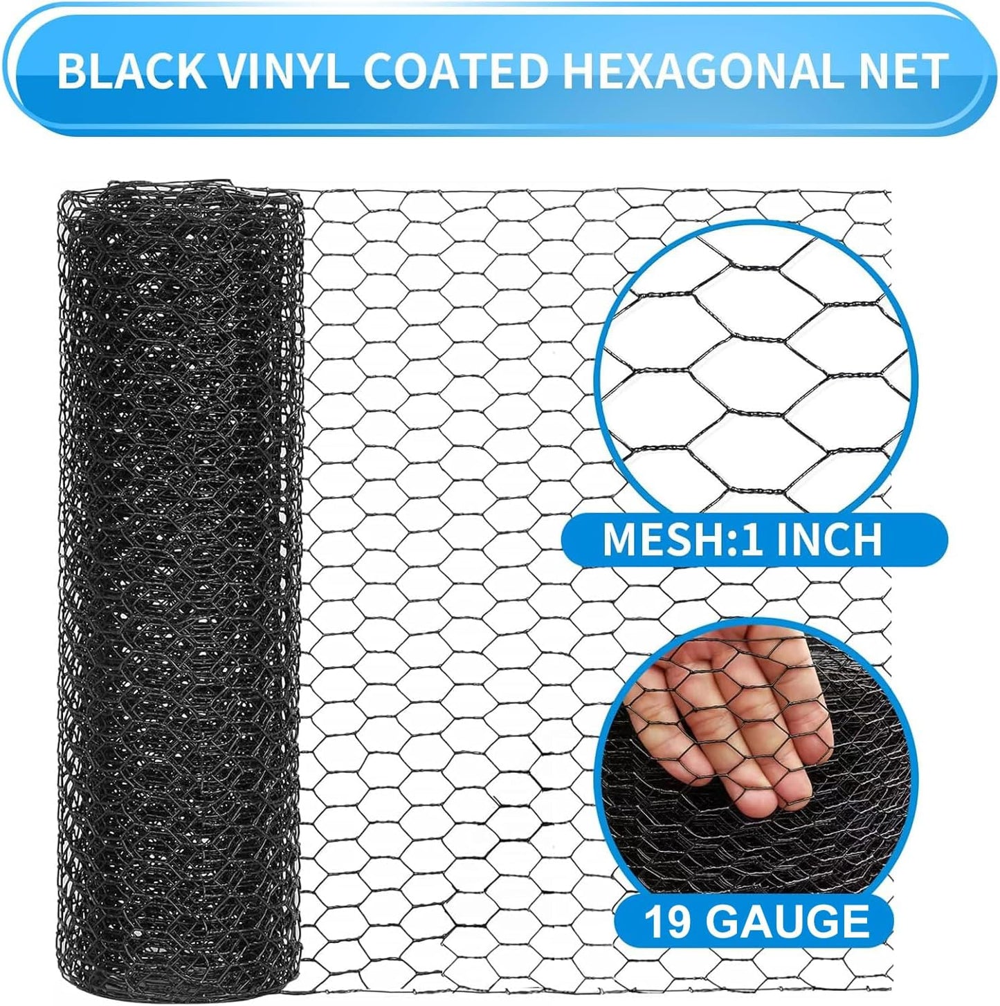 DOLEMODUO 12'' 150' 19 1 inch x Black Chicken Wire Mesh Fence, Gauge Galvanized Poultry Netting and Garden Mesh Fence