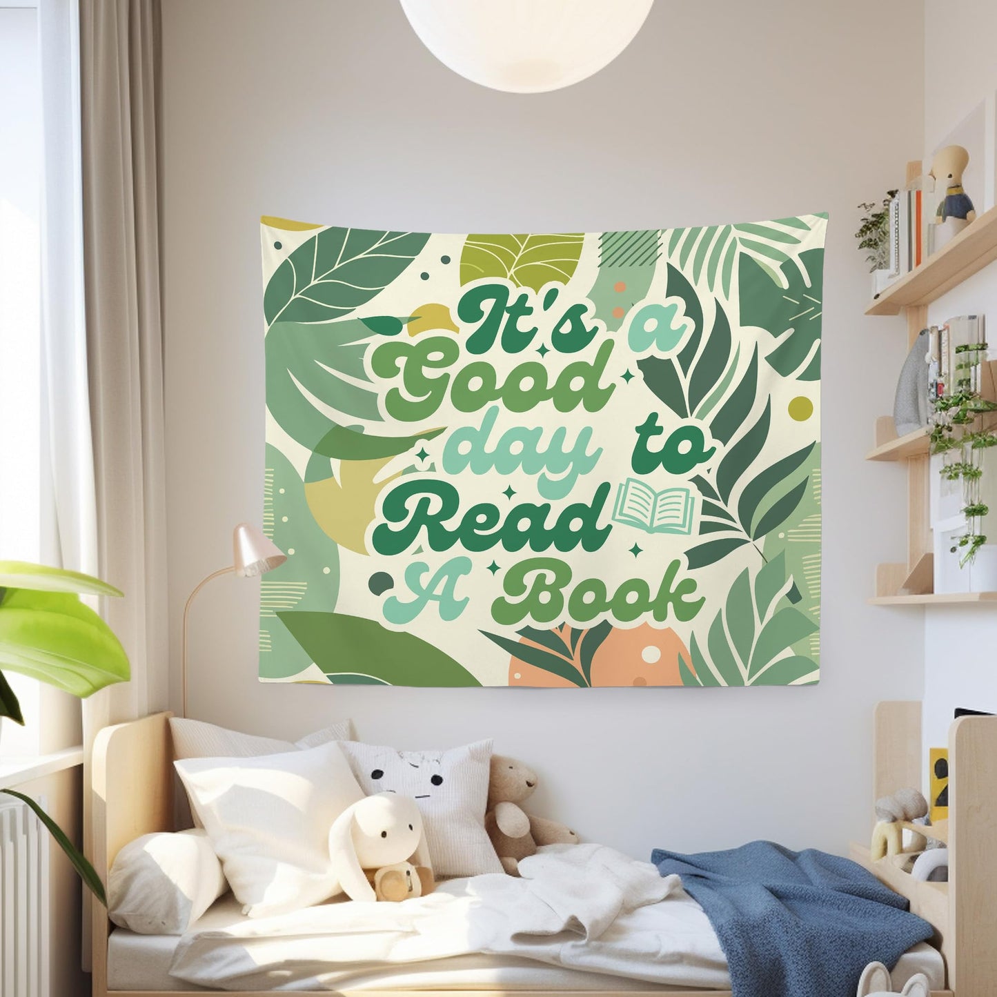 MNASAIOO It's A Good Day to Read A Book Classroom Wall Tapestry Hanging,Green Plants Leaf Reading Banner Tapestries,Boho Wall Decor for Kids Book Lovers School Library Reading Nook Corner Dorm 50x60in