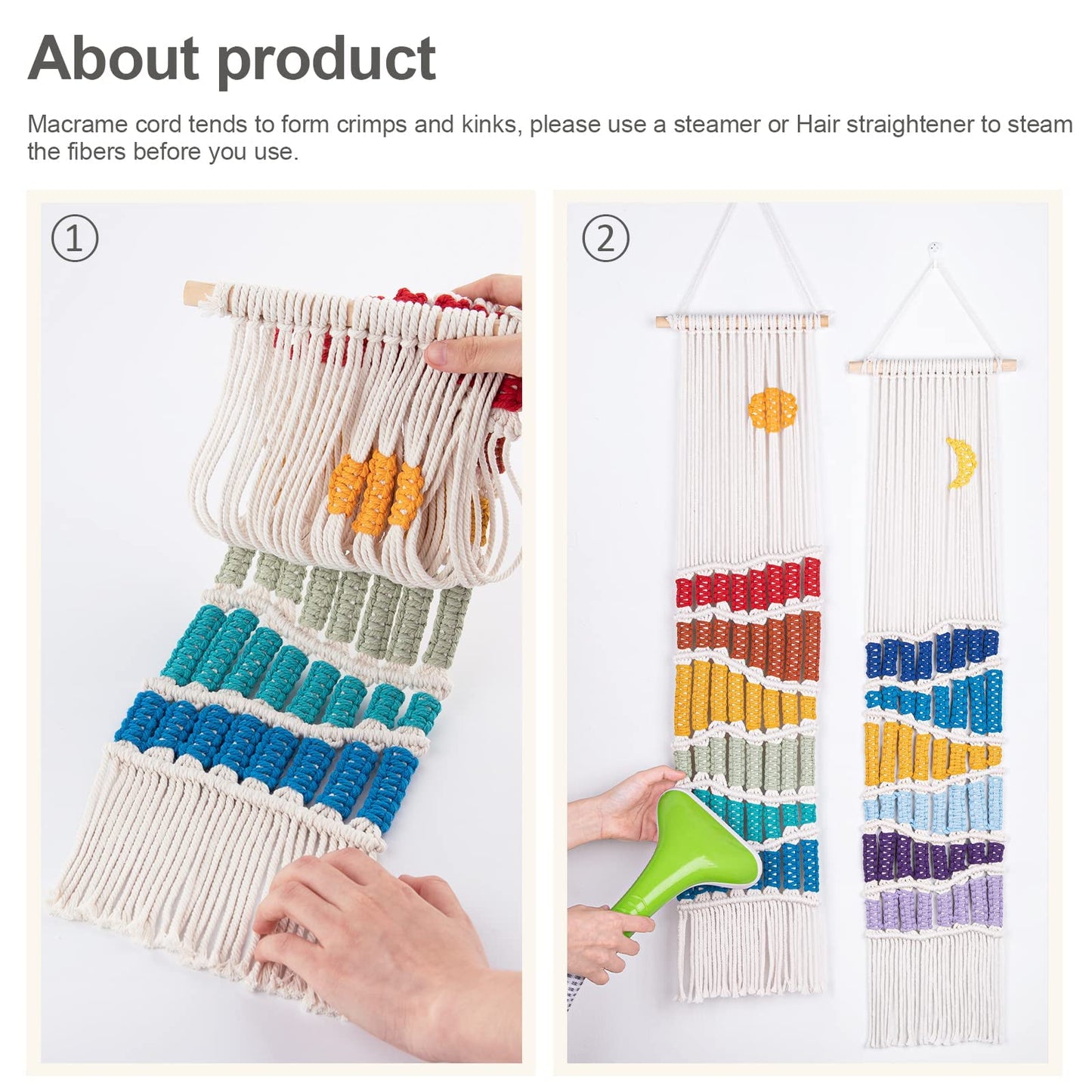 Boho Macrame Wall Hanging Decor Set, 2PCS Southwest Bohemian Handmade Woven Sun&Moon Mountain Geography Tapestry with Long Tassel, Gypsy Rainbow Ornament for Nursery Decoration Girl Christmas Gift