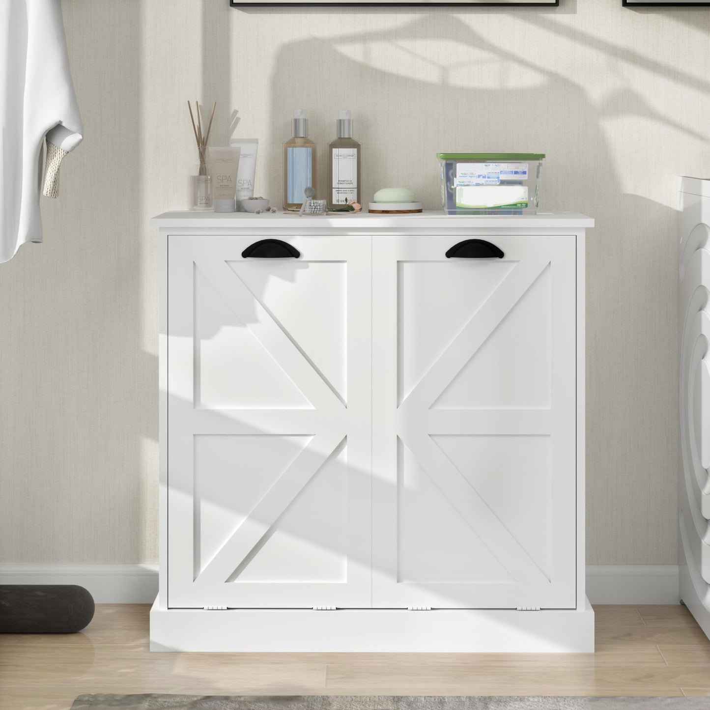 Two Compartment Tilt Out Laundry Sorter Cabinet White