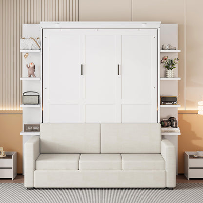 Merax Queen Size Murphy with Sofa and Shelves for Bedroom or Guestroom Wall Bed Space Saving Hidden Bed,No Need Fix to The Wall,Gray