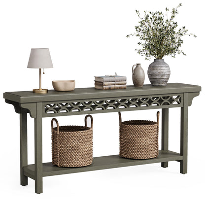 LITTLE TREE 70.87-Inch Long Console, Solid Wood Farmhouse Narrow Entryway Table with Shelf, Rustic Sofa Table for Living Room, Hallway, Dark Grey
