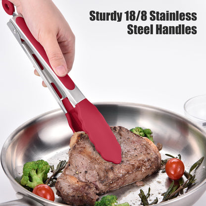 Doosu Kitchen Tongs for Cooking - 600°F Heat Resistant Food Tong with Non-Scratch Silicone Tips, Heavy Duty Stainless Steel Locking Tong for BBQ, Grilling Steak, Serving Salad, Pasta (9in, Red)