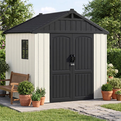 Devoko Plastic Outdoor Storage Shed with Floor, 8 x 6 FT Resin Tool Garden Shed with DIY Window and Lockable Door, Outside Kick-it Shed for Patio,Garden, Backyard, Lawn, Beige