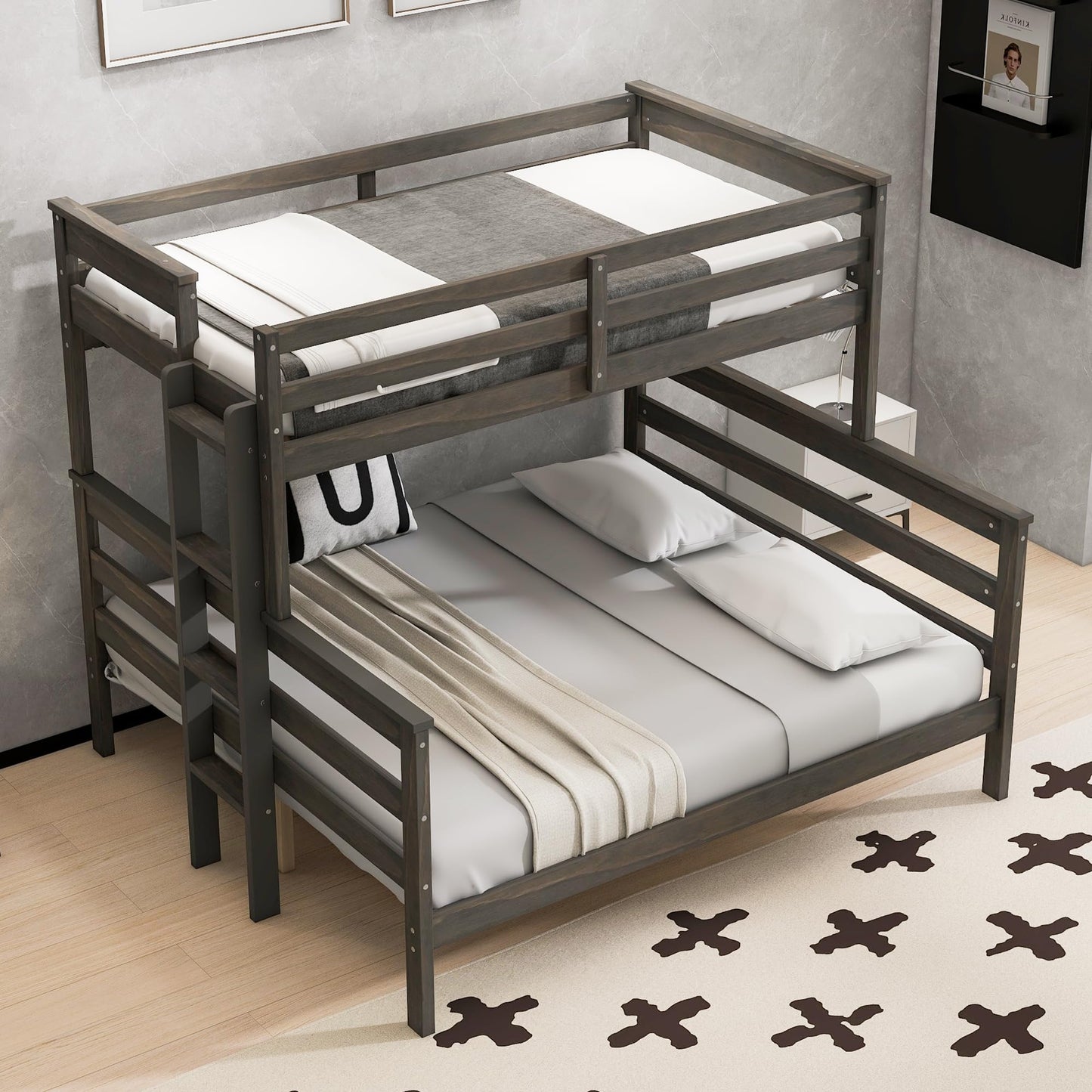 Merax Twin XL Over Queen Bunk Bed, Wood Detachable Bunk Bed with Ladder & Full Length Gardrails for Adults, No Box Spring Needed,Space Saving, Gray