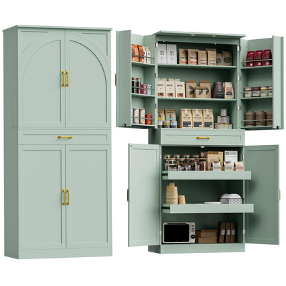 HQZX 71’’ Tall Kitchen Pantry Cabinet, Pantry Storage Cabinet with 6 Doors Shelves, Large Drawer & 2 Pull Out Shelves, Freestanding Cupboard for Kitchen, Dining Room, Green