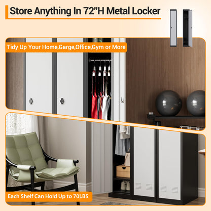 Narrow Metal Locker, 72 Inch Metals Broom Storage Cabinet with Shelves, Lockable Cabinets Doors & Keys Tall Brooms Suitable for School, Office, Home, Staff and Students Storage(Black & Grey)