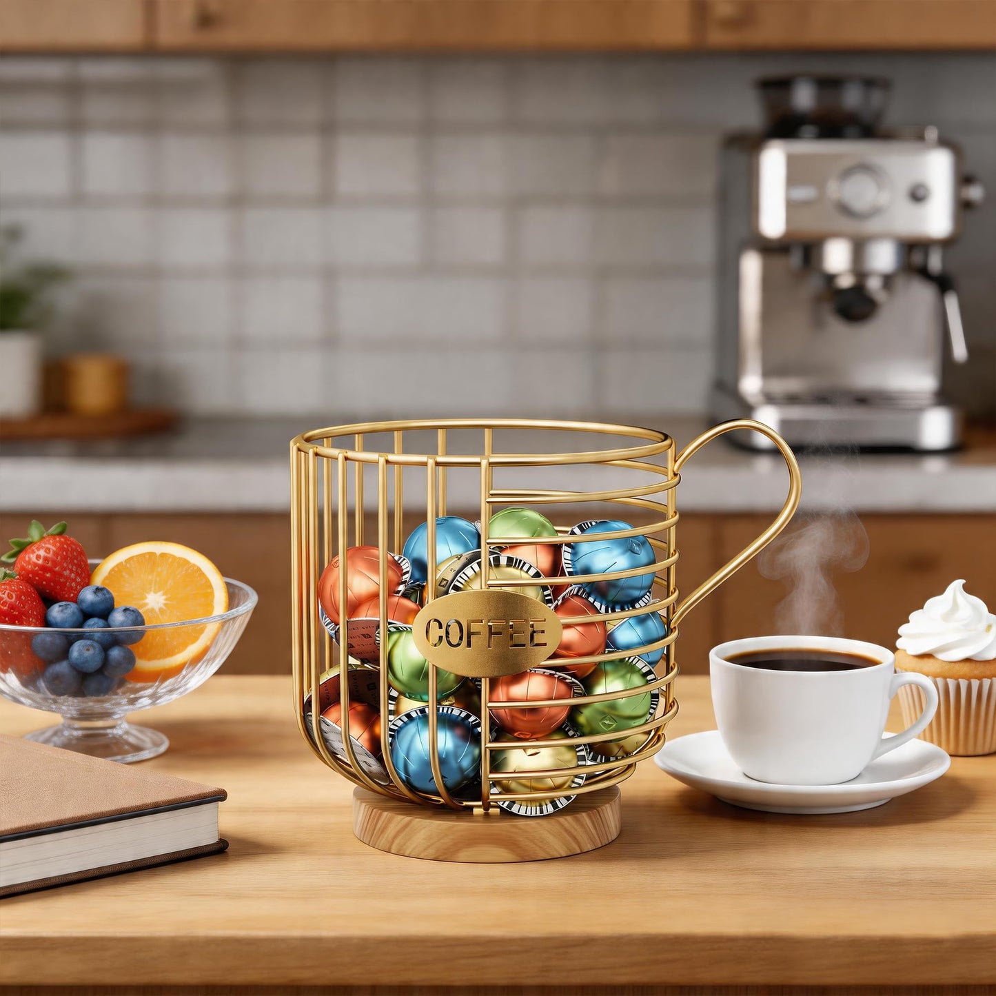 Coffee Pod Holder, 45+ Large Capacity Wire K Cup Storage Organizer with Solid Wood Base, Anti-Slip Coffee Capsule Holder for Kitchen Bar Counter, Compatible with K-Cups/Nespresso Espresso Capsules