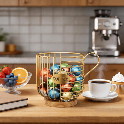 Coffee Pod Holder, 45+ Large Capacity Wire K Cup Storage Organizer with Solid Wood Base, Anti-Slip Coffee Capsule Holder for Kitchen Bar Counter, Compatible with K-Cups/Nespresso Espresso Capsules