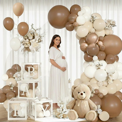 140Pcs Coffee Brown Baby Shower Decorations - Neutral Balloon Arch Garland Kit with 4 Baby Boxes - Mocha Beige Sand Nude Balloons for Teddy Bear Theme, A Baby Is Brewing, Gender Reveal Party