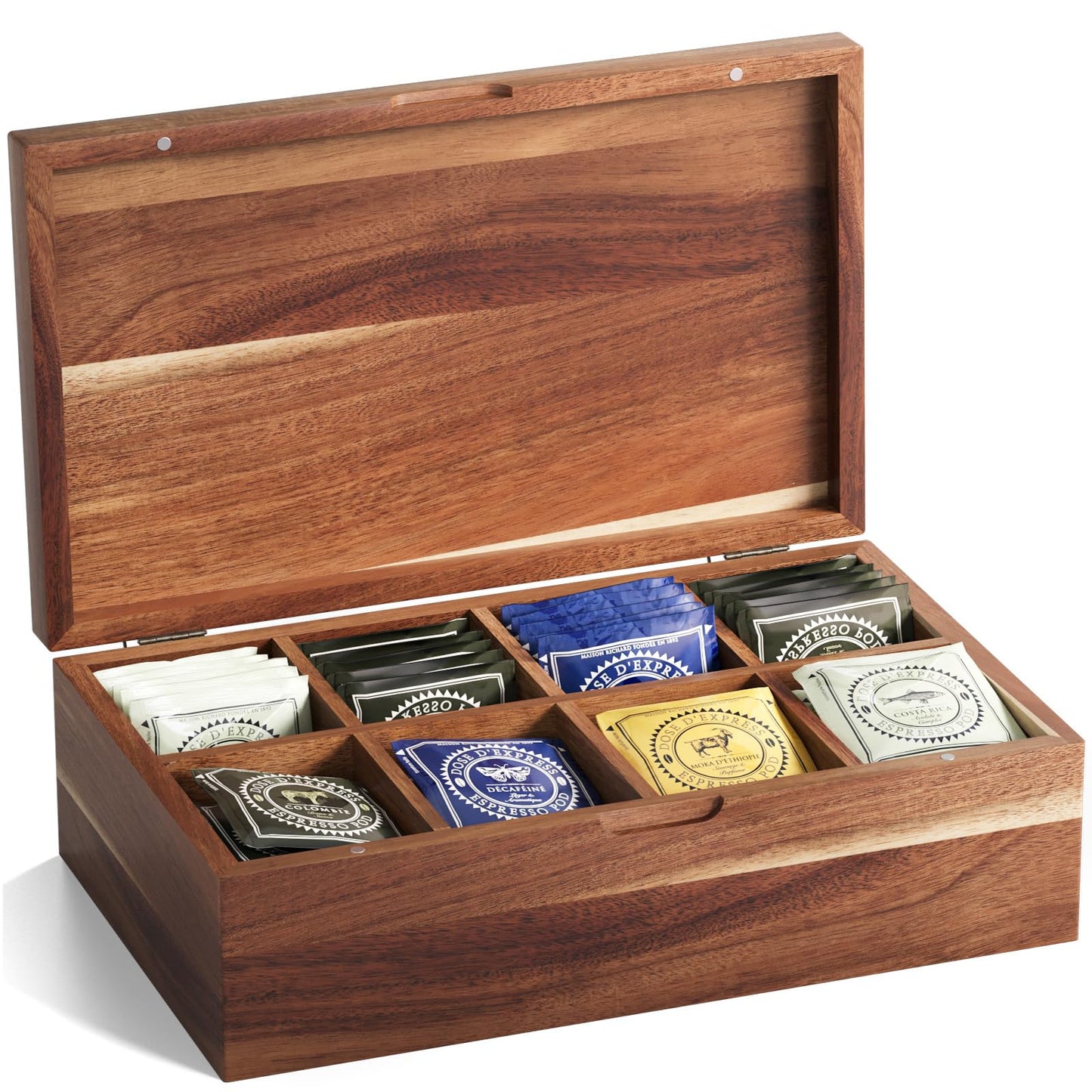 Danfoxer Acacia Wood Tea Bag Organizers, Tea and Sugar Packet Storage Chest with Lid, Wooden Teabag Holder Containers,Tea Box with 8 Compartments