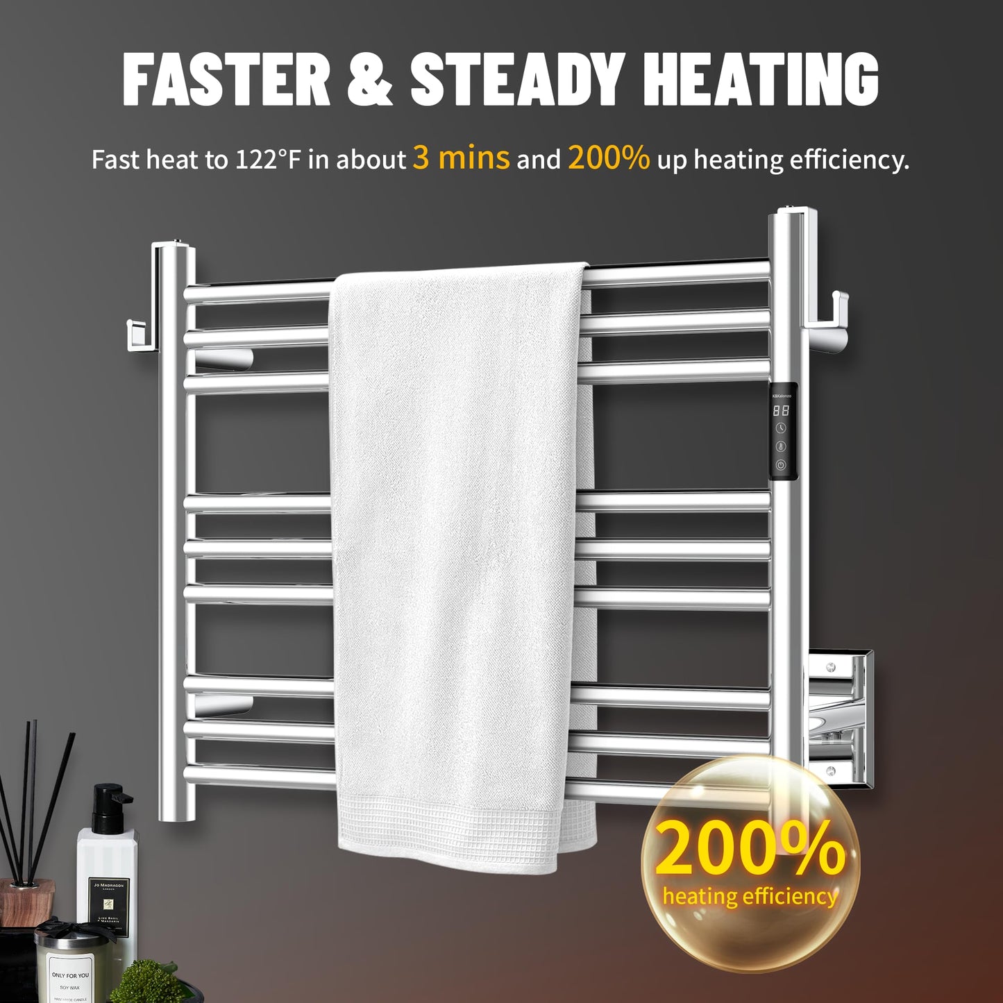 K&KALONZO Towel Warmer for Bathroom, Wall-Mounted 9-Bar Heated Towel Rack with Built-in Timer, Waterproof Electric Towel Heater, Support Plug-in and Hardwired, Polished, EL13S