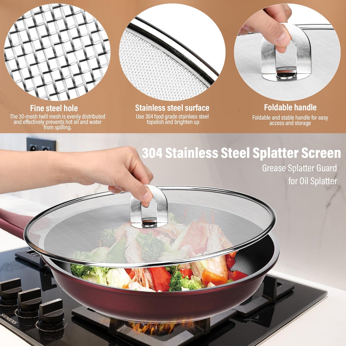3 Pack Splatter Screen for Frying Pan 13" 11.5" 9.8" Stainless Steel Grease Splatter Guard Ultra Fine Mesh Lids with Fold Flat Knob Set for Prevent Oil Splatter