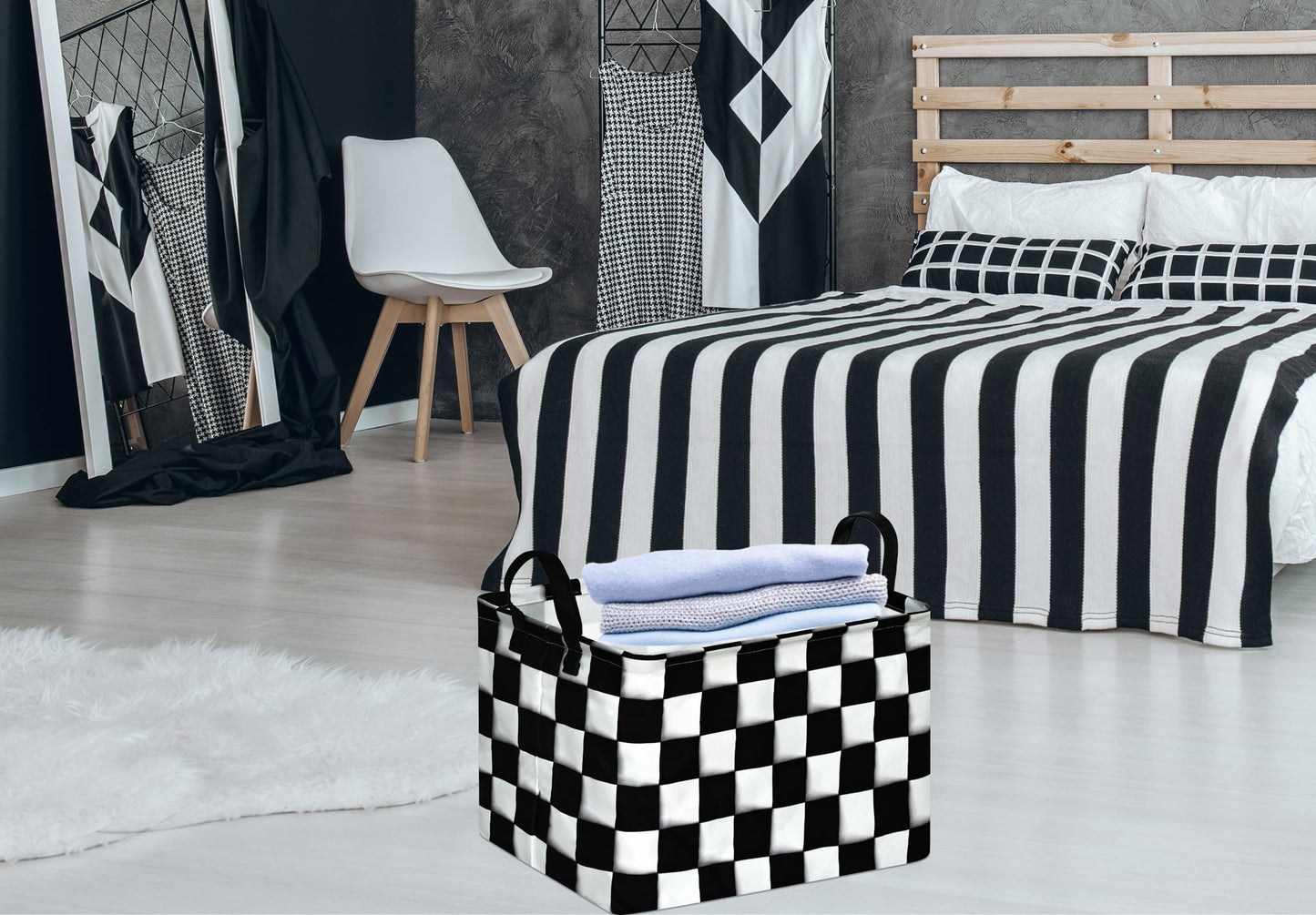 KUNRO Rectang Checkered Flag Storage Basket Gift Shelf Basket Storage Bin, Nursery Basket Organizer Box for With Handles for Room Deco
