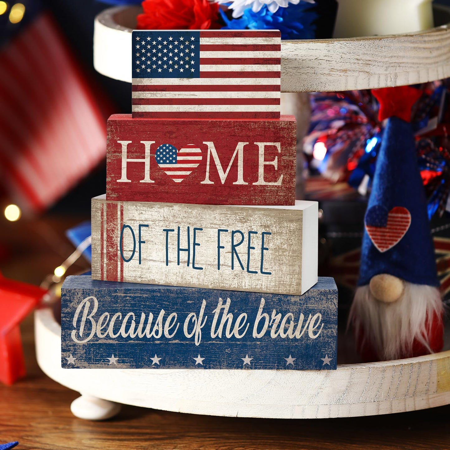 CroBlissful 4 Pcs 4th of July Decorations Patriotic Memorial Day Tabletop Decorations Red White Blue Table Centerpieces Sign for Office Tiered Tray Home Shelf 250th Anniversary(Flag)