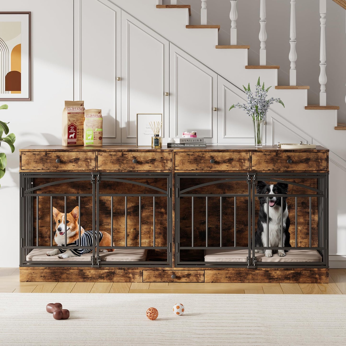 GarveeHome Dog Crate Furniture for 2 Dogs, Dog Kennel Indoor with 4 Storage Drawers and Feeding Bowls, Double Dog Crate TV Stand for Small Medium Dogs, Brown