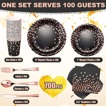 700 pcs Black and Rose Gold Party Supplies for 100 Guests Disposable Dinnerware Kits Black Rose Gold Paper Plates Napkins Cups Rose Gold Plastic Forks Knives Spoons for Birthday Wedding Party