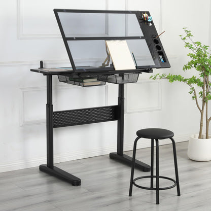 Hand Crank Adjustable Drafting Table Drawing Desk with 2 Metal Drawers，with Stool