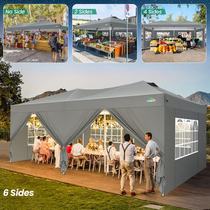 COBIZI Canopy 10x20 Pop Up Canopy Tent with 6 Sidewalls, One Push Party Tents for Parties Outdoor Wedding Waterproof Gazebo Commercial Event Tent with Sandbags, Grey