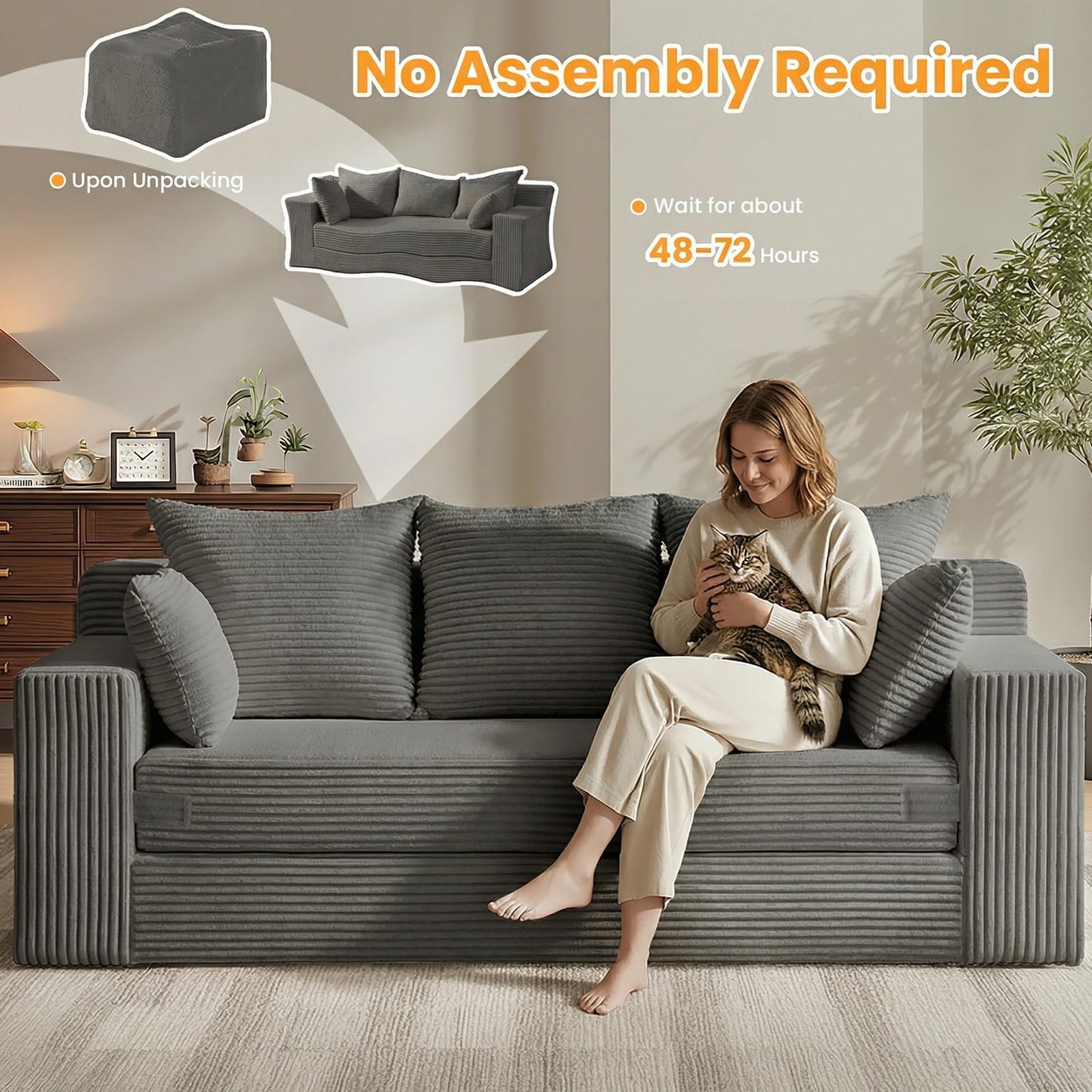 Winzoo Oversized Boneless Loveseat, 3 Seater Pull Out Convertible Sofa Bed, 70" Gray Boneless Couch Fold Out Floor Couch Sleeper Sofa with 5 Pillows for Living Room Bedroom Lounge Small Space