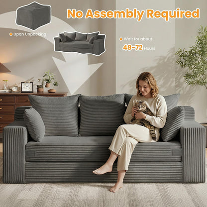 Winzoo Oversized Boneless Loveseat, 3 Seater Pull Out Convertible Sofa Bed, 70" Gray Boneless Couch Fold Out Floor Couch Sleeper Sofa with 5 Pillows for Living Room Bedroom Lounge Small Space