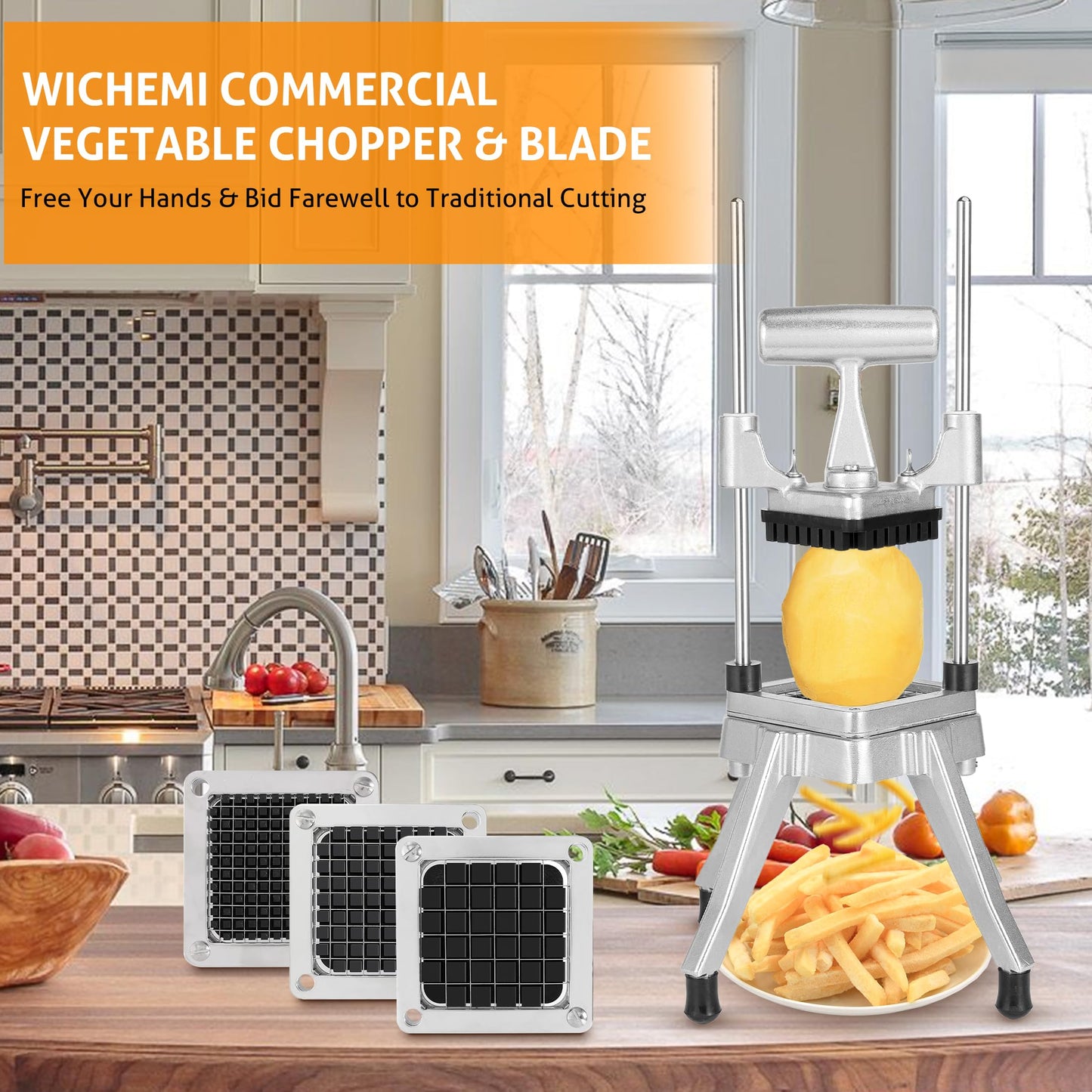 WICHEMI Commercial Chopper Vegetable Cutter Fruit Dicer w/3 Blades Commercial Onion Chopper Dicer Professional Food Dicer Heavy Duty Stainless Steel French Fry Cutter for Home Kitchen Restaurant Use