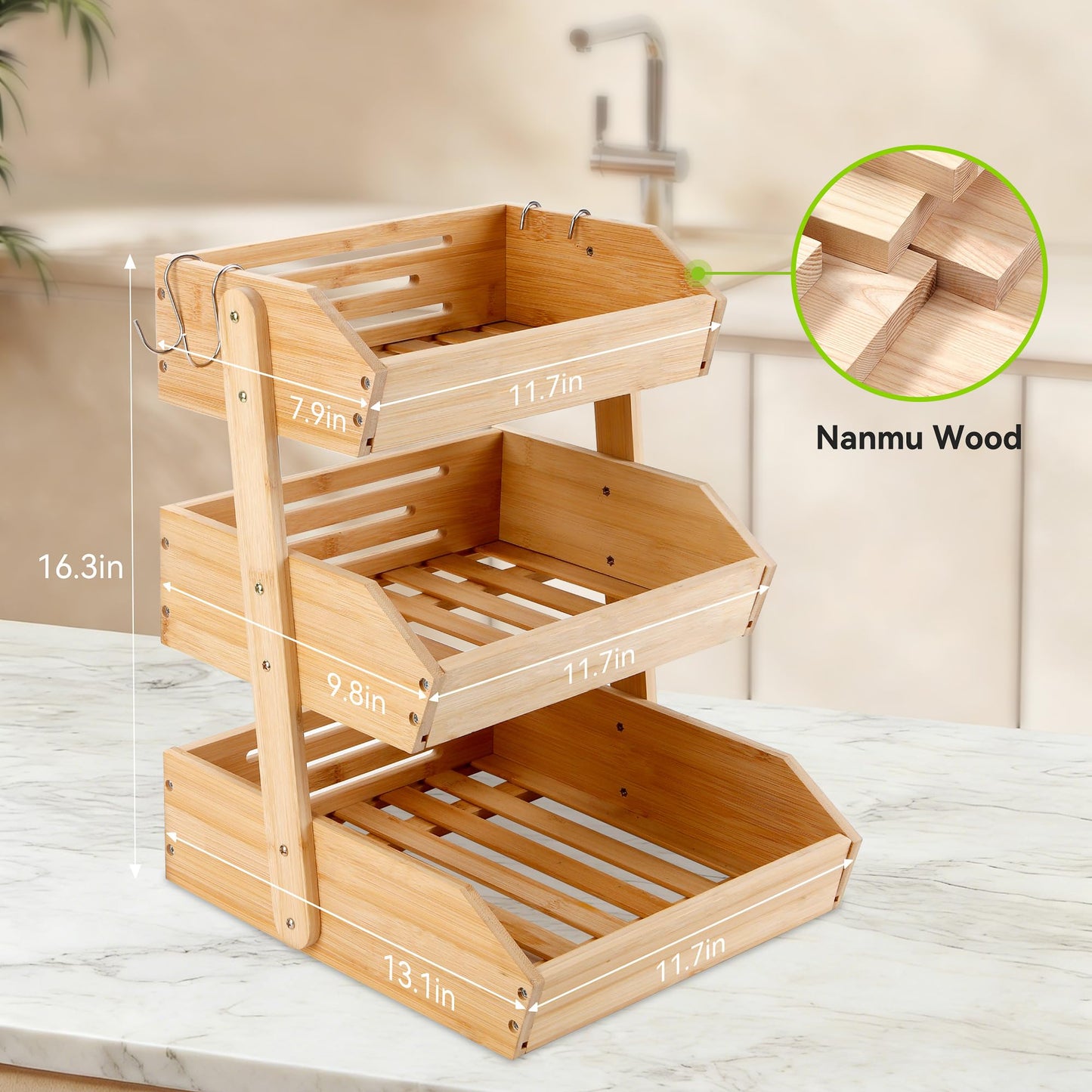 Fyvva Bamboo Fruit Basket, 3-Tier Fruit Basket for Kitchen Counter, Large Fruit Bowl with 2 Banana Hangers for Storing Fruit, Vegetables, and Organising Snacks, Bread (Natural)