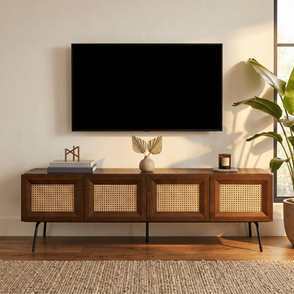 NTC Mossic TV Media Cabinet with 4 Doors for TVs, Entertainment Center with Natural Rattan, Metal Legs, Modern Storage Console for Living Room and Bedroom, Effortless Assembly, Dark Walnut
