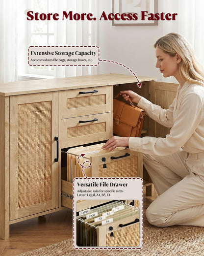 HOPUBUY 3 Drawers and 2 Doors File Cabinets with Lock, Wood Lateral Filing Cabinet with Adjustable Feet & Shelves, Large Capacity Home Office Storage Cabinet, Printer Stand for Hanging Files, Natural