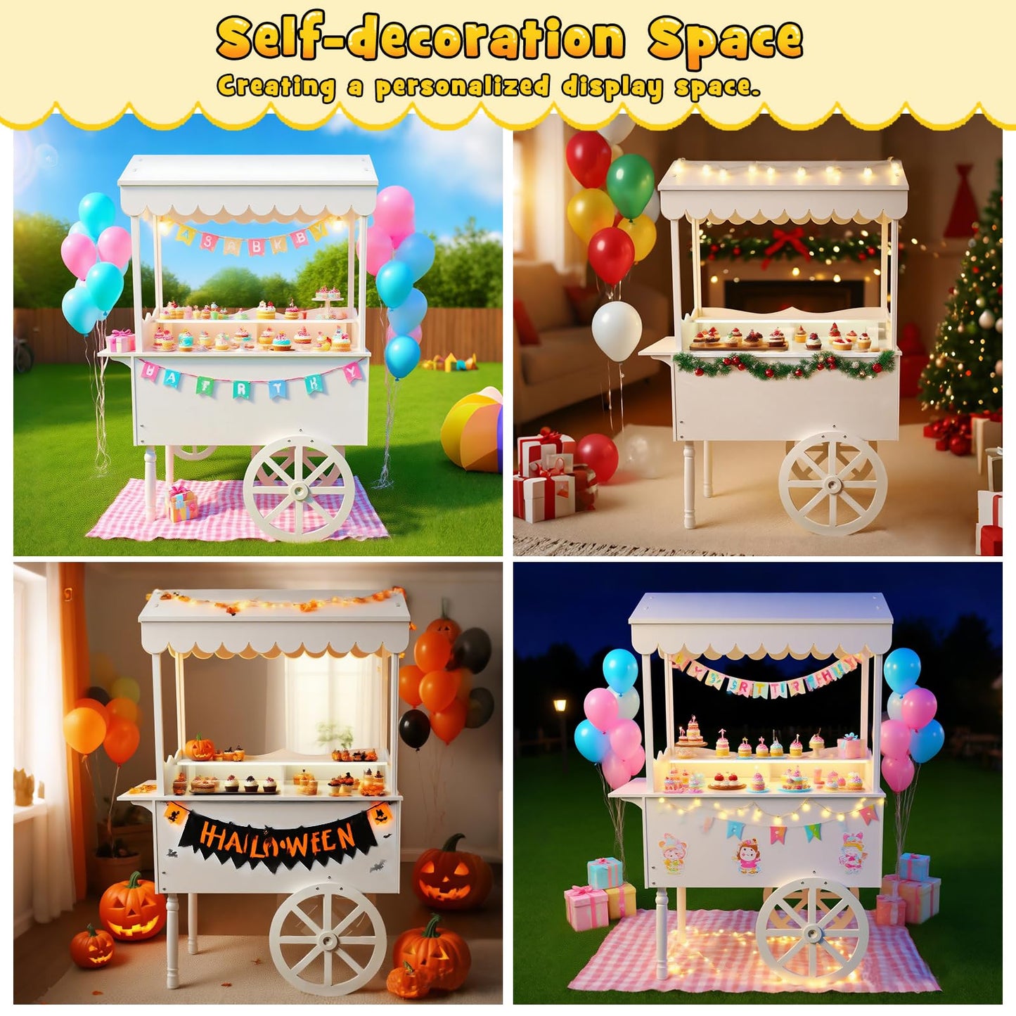 Gasgo Versatile Dessert Cart with Fixed Wheels - 70"x40"x22" Charcuterie Station, Candy Display Stand for Business, Flower Cart with Included 100 Balloons & 1 String Lights, White