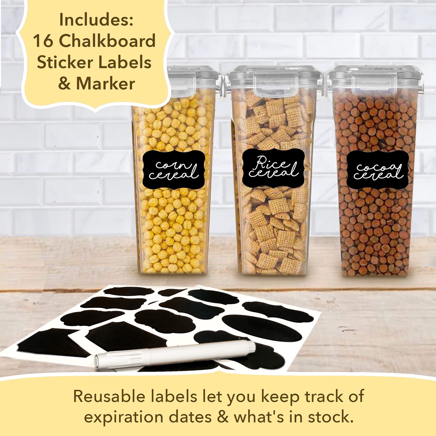 Simply Gourmet Airtight Cereal Containers with Lids – 3 Piece Tall Kitchen Pantry Organization Set, BPA-Free Clear Plastic, Pour Spout Lids for Breakfast Cereal, Rice, Flour, Sugar, Snacks