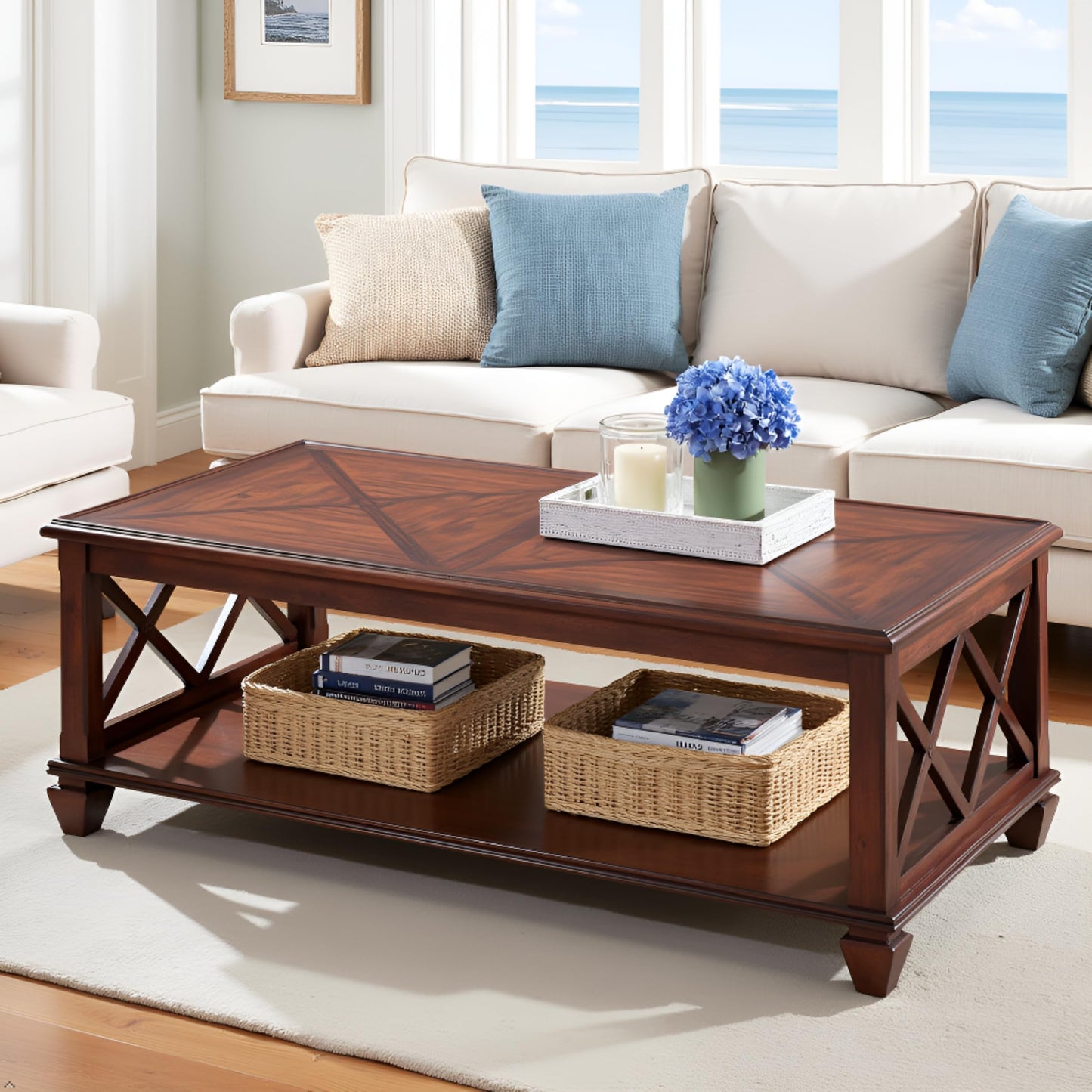 Stockbridge 45-Inch Wood Coffee Table with Storage Shelf and Detailed Side Panels – Easy to Assemble Traditional Accent Table for Living Room or Home Office by Alaterre Furniture