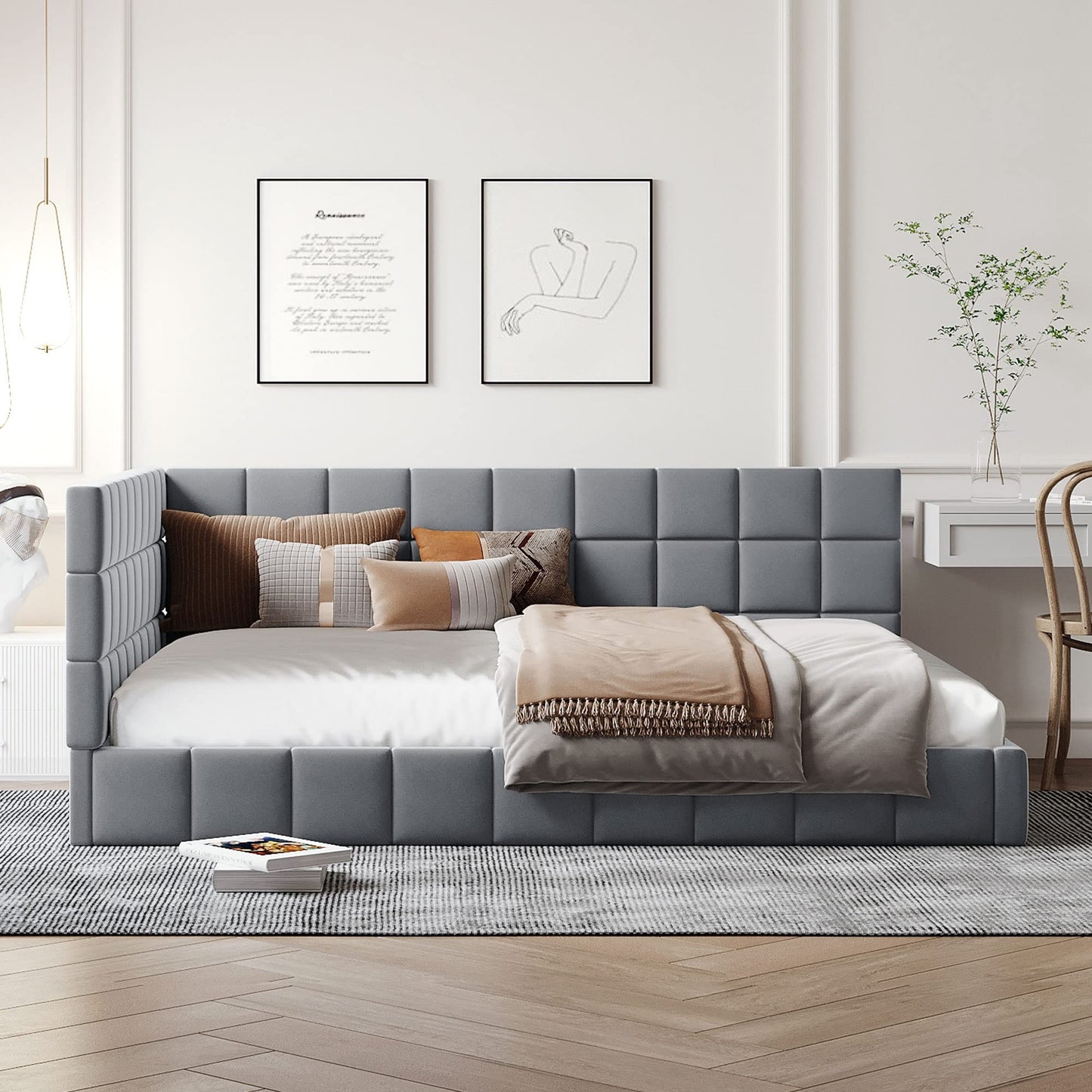 Ball & Cast Full Size Daybed, Velvet Upholstered Day Bed Frame with Tufted Backrest & Armrest,Modern Sofa Bed,Classic Floor Bed with Solid Wood Slats Support,No Box Spring Needed,Gray
