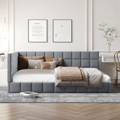 Ball & Cast Full Size Daybed, Velvet Upholstered Day Bed Frame with Tufted Backrest & Armrest,Modern Sofa Bed,Classic Floor Bed with Solid Wood Slats Support,No Box Spring Needed,Gray