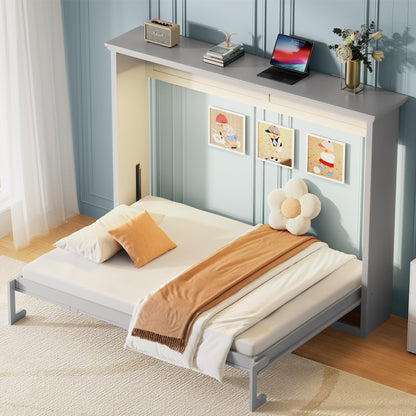 DNYN Queen Size Murphy Bed for Bedroom,Guest Room,Solid Wood Wall Bedframe w/Wooden Leg & Cabinet Design,Super Save Space & No Box Spring Needed, Gray