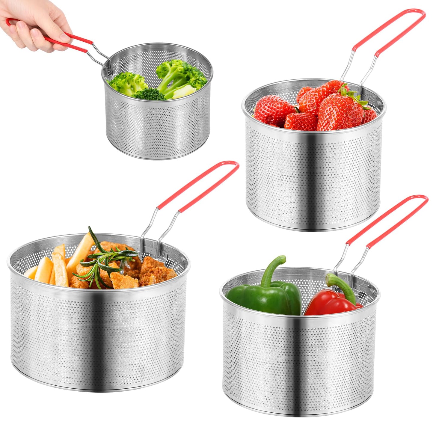 3 Pcs Stainless Steel Pasta Strainer Set with Removable Handles, 5.4" 6.2" 7" Spider Strainer Skimmer Basket for Boiling, Deep Frying & Blanching, Professional Noodle Colander