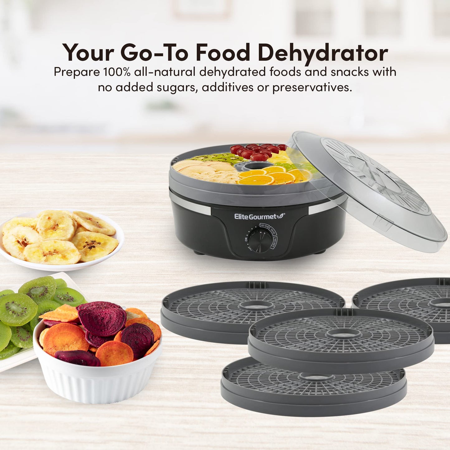 Elite Gourmet EFD319DKG Food Dehydrator, 5 BPA-Free 11.4" Trays Adjustable Temperature Controls, Jerky, Herbs, Fruit, Veggies, Dried Snacks, Black and Grey