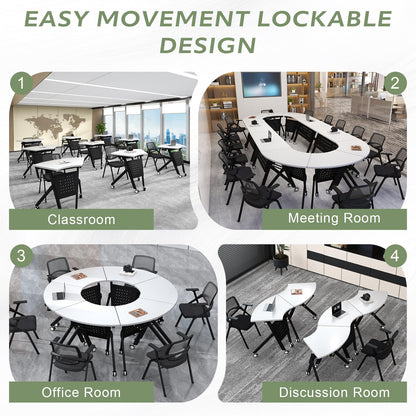 JFazzruit Folding Conference Table,Fan-Shaped Conference Room Tables with Wheels, Mobile Modular Seminar Meeting Desk for Classrooms,Office & Seminar (8, Fan-White)