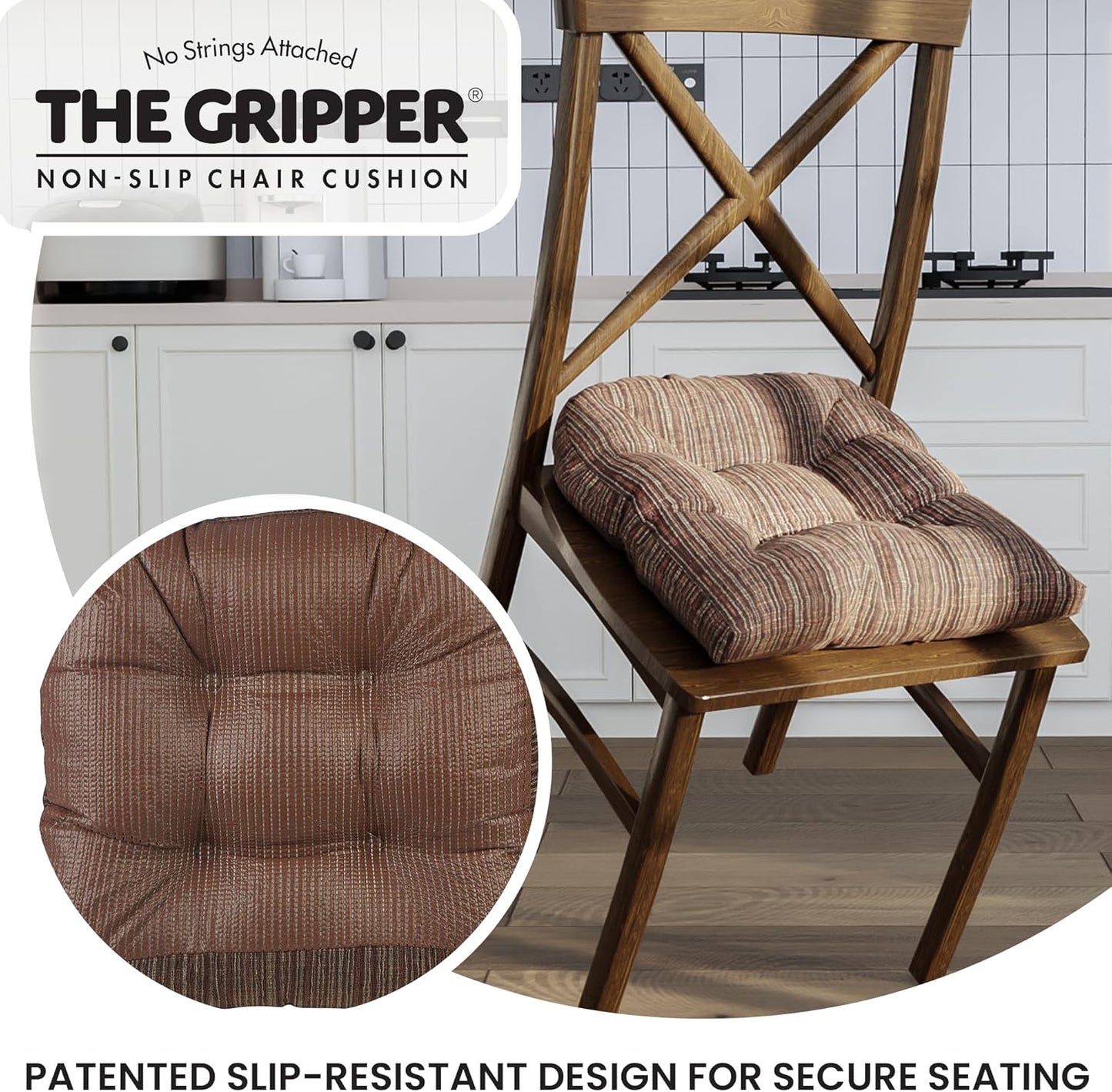 Klear Vu Gripper Overstuffed Universal Non-Slip Dining Chair Cushions, 2 Count for Kitchen Decor, Chenille Chocolate