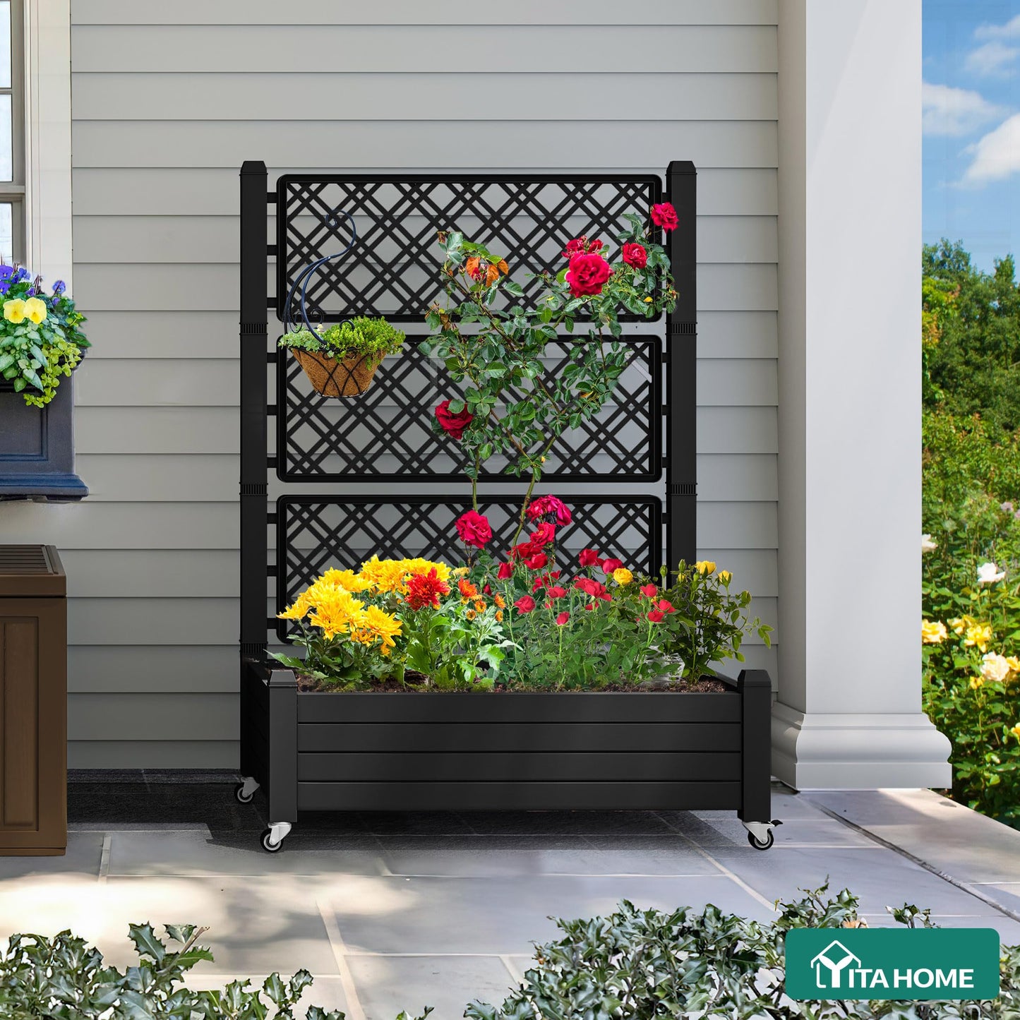 YITAHOME 43.3x17.7x61 in Planter Box with Trellis 2pcs Outdoor Resin Raised Garden Bed with Wheels & Drain Plug for Climbing Plants, Weather-Resistant Outdoor Privacy Screen, Black
