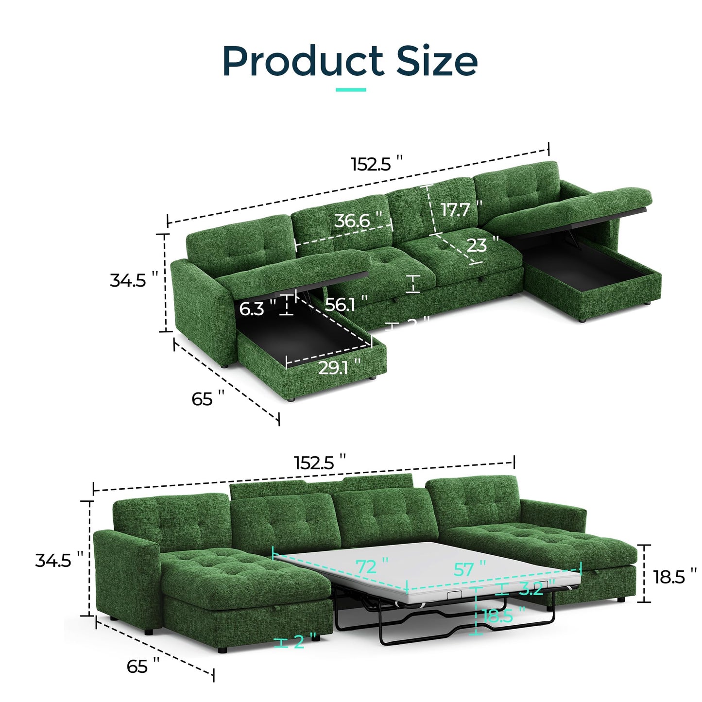 LINSY HOME U-Shaped Sleeper Sofa with Storage, Green Corduroy, 152.5 x 65 x 34.5 Inches, 4-Seater Convertible Couch with Pull-Out Bed