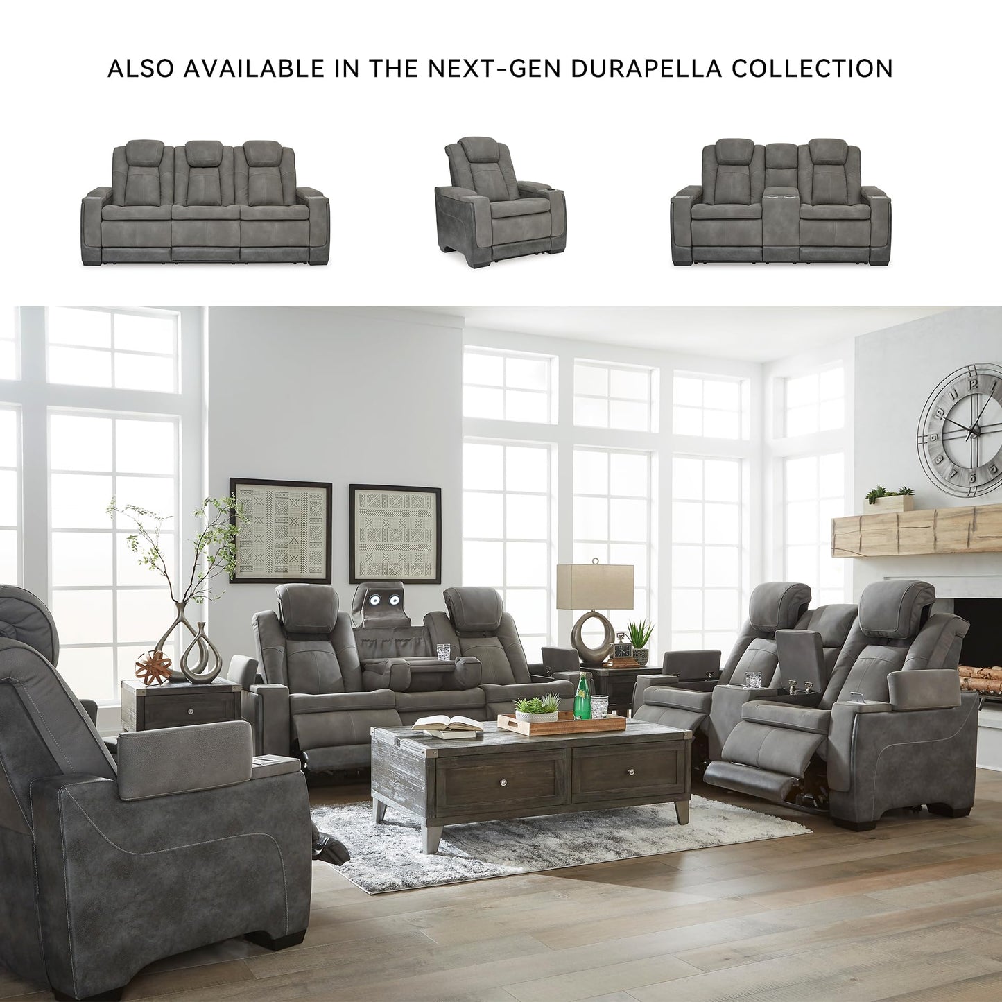 Signature Design by Ashley Next-Gen DuraPella Power Recliner with Adjustable Headrest, Storage Armrests, Wireless & USB Charging, Faux Leather, 2-Tone Gray
