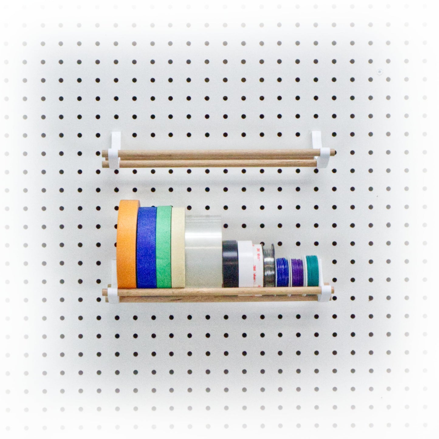 PEGGY Pegboard Accessory Hook and Dowel Organizer Storage for Tape, Steel Wire Spools, Ribbon, Crafts, Hobby, 12” kit (1PK Black)