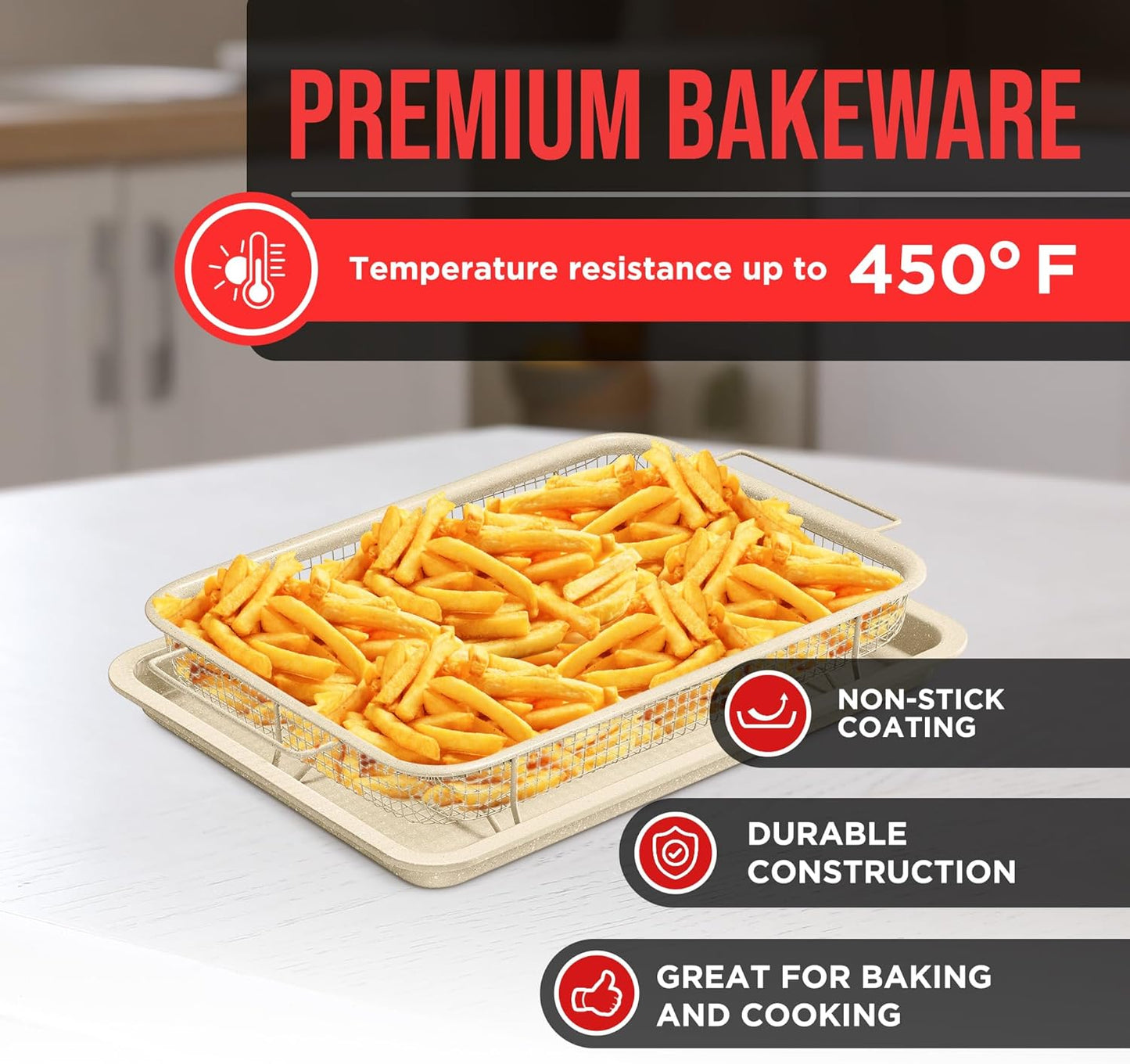 Bakken Swiss Crisper Tray - 2-Piece Set, White Marble Non-Stick Basket Design for Healthier Cooking