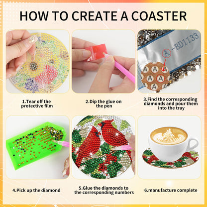 Cardinal Diamond Art Coasters Kit, 8 Pcs Red Bird Diamond Painting Coaster with Holder and Cork Pads, Non-Slip DIY Coasters Art for Adults Beginners DIY Craft Home Decor, Christmas Birthday Gifts